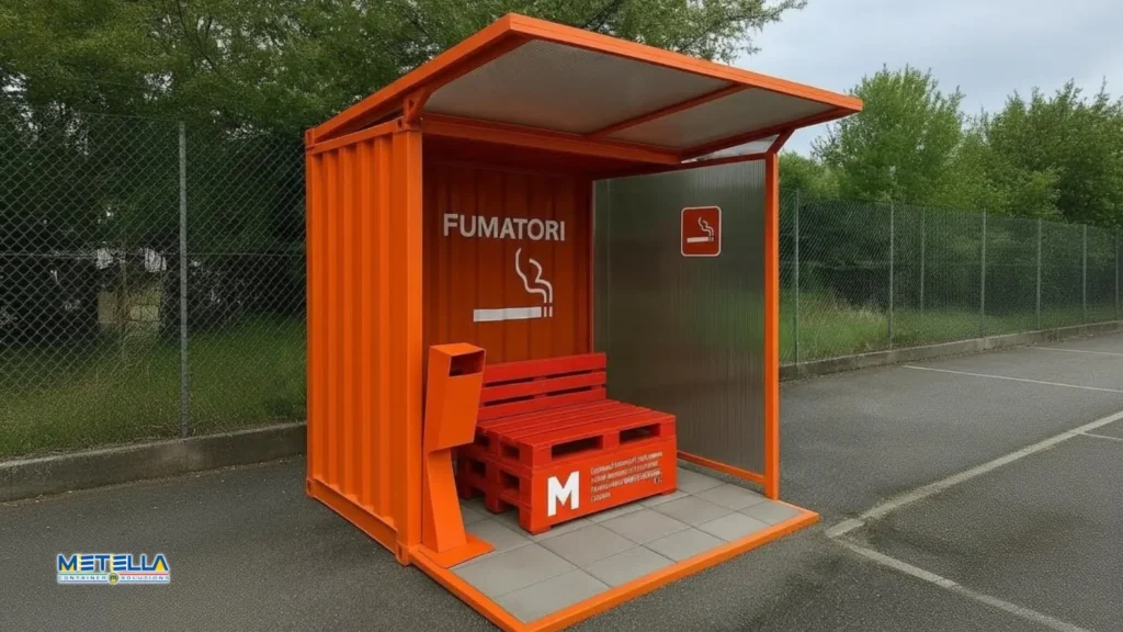 Area fumatori piccola rossa con panchina e posa cenere