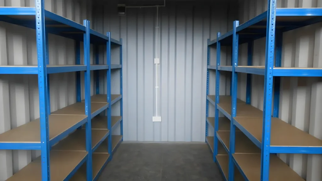 Magazzino con scaffalatura blu per contenimento di documenti archivio o beni di privati