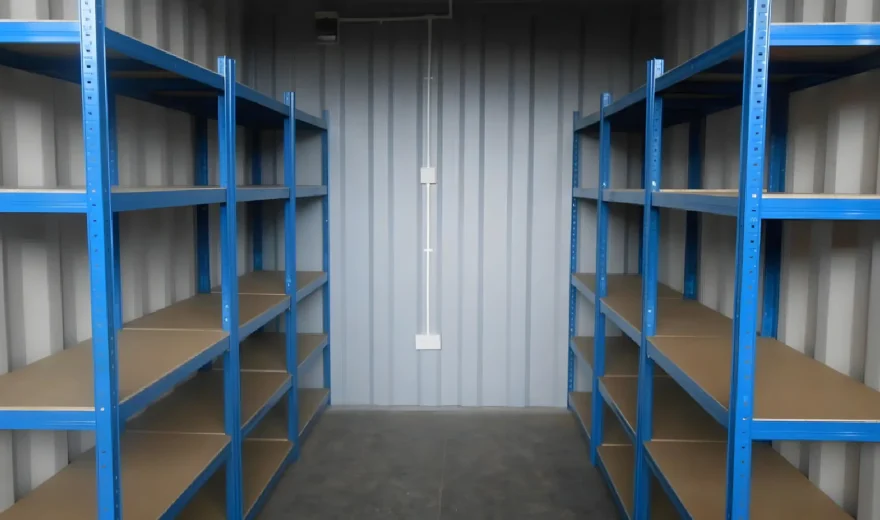 Magazzino con scaffalatura blu per contenimento di documenti archivio o beni di privati