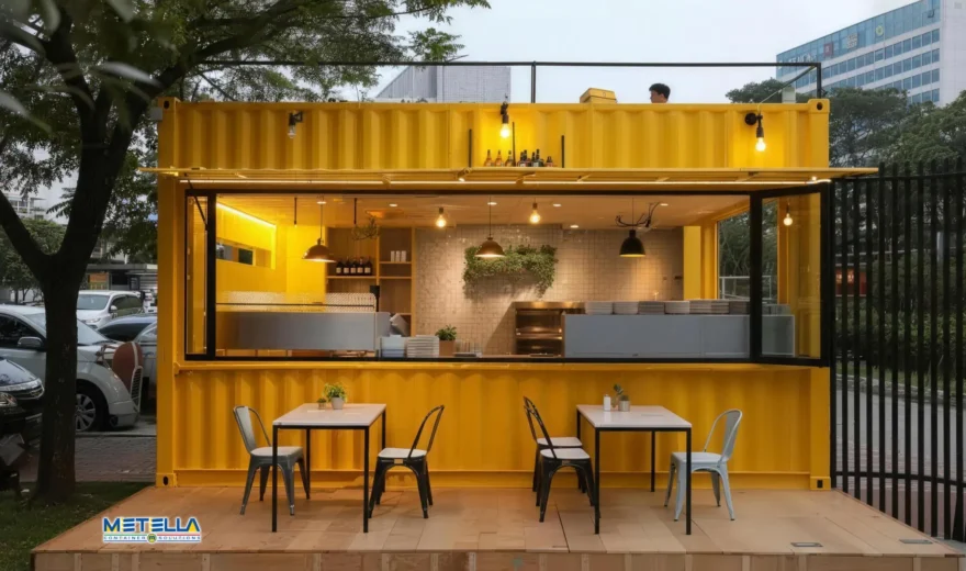 Chiosco bar giallo con patio per tavolini, apertura frontale e terrazza