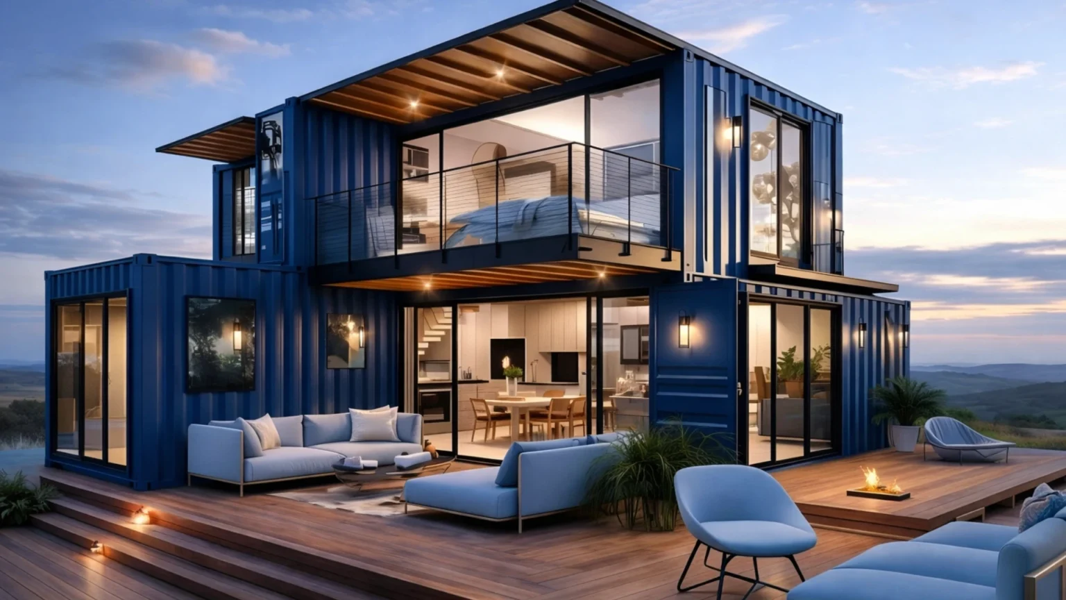 Casa modulare in container con design contemporaneo, grandi vetrate e spazi esterni attrezzati
