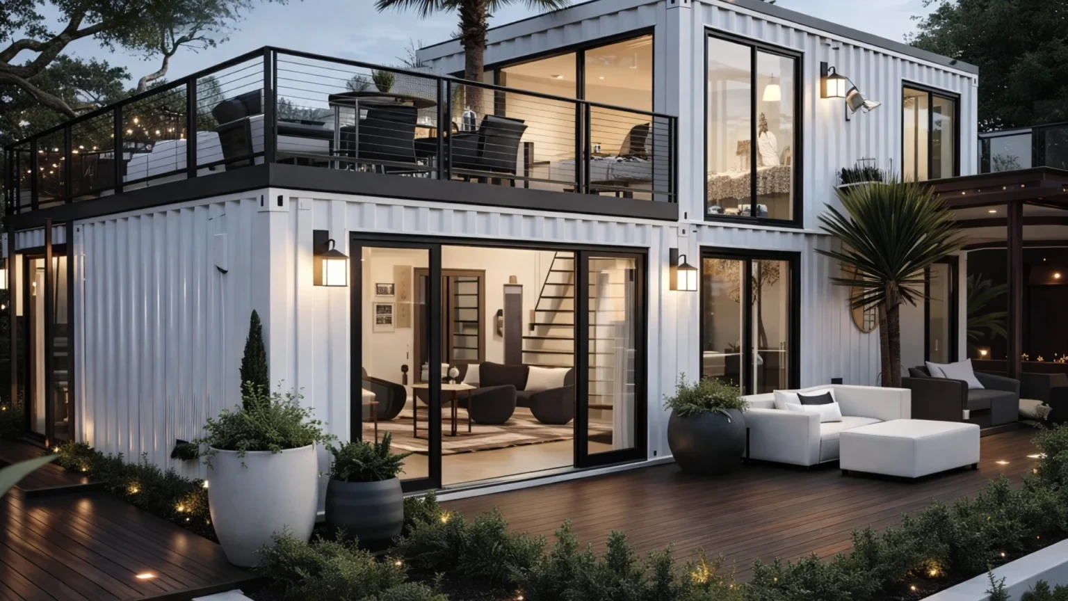 Abitazione modulare in container su due livelli con terrazza, vetrate panoramiche e finiture moderne