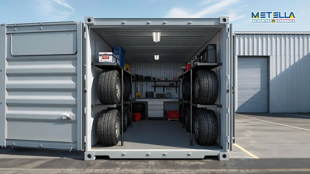 Interno di officina modulare con scaffali laterali e accesso frontale