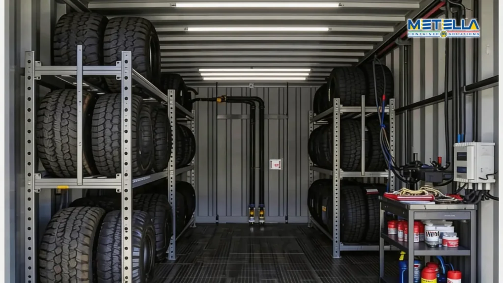 Container officina attrezzato con area di lavoro e spazio organizzato per utensili