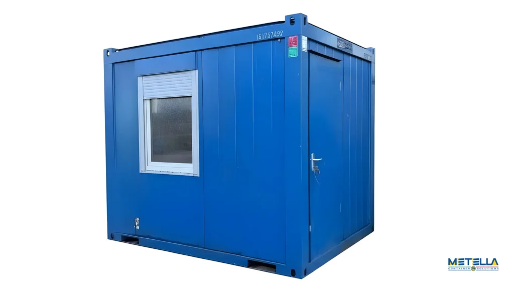 modulo ufficio in pronta consegna di mq 7,5 con due finestre e una porta di ingresso, colore blu