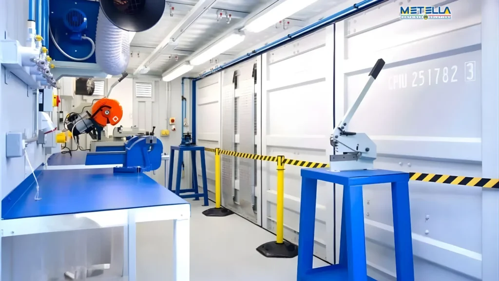 Layout interno del modulo officina container con tutta la strumentazione meccanica