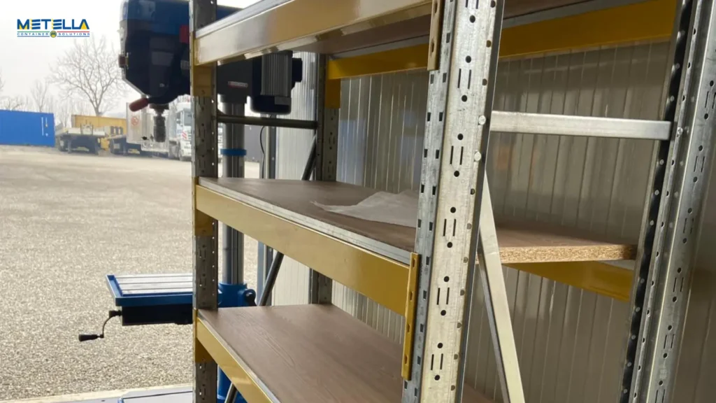 scaffalatura per documenti e attrezzi nel modulo officina container