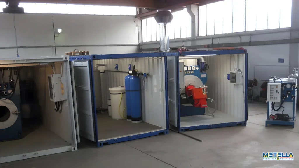 tre moduli container officine in esposizione alla fiera dei meccanici