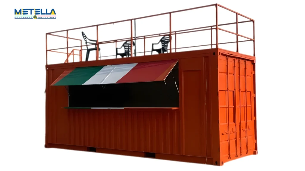 Chiosco bar rosso con terrazza panoramica e apertura lato lungo