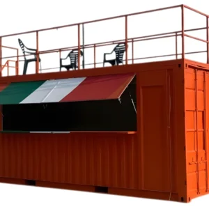 Chiosco bar rosso con terrazza panoramica e apertura lato lungo