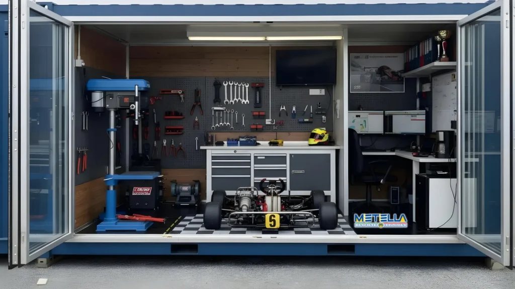 foto di un modulo officina adibito ad officina racing al cui interno vi sono ufficio e officina attrezzata