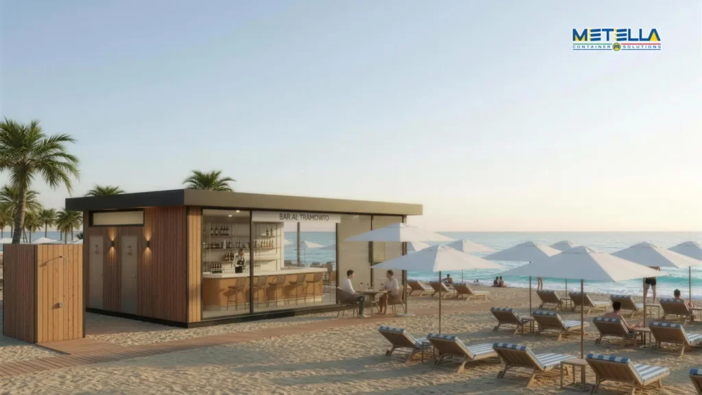 bar con vetrata da spiaggia per stabilimento balneare con sdraio e ombrelloni