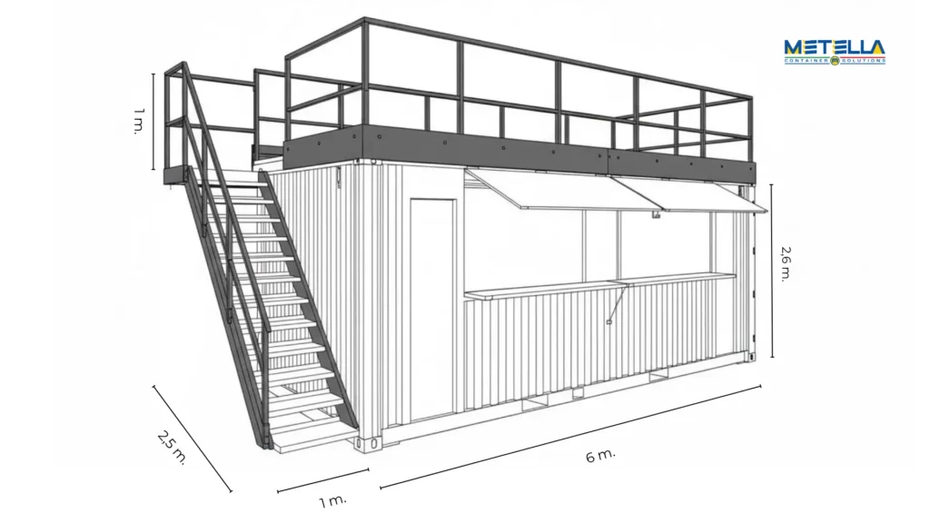 scheda tecnica con disegno bar 6 metri con terrazza