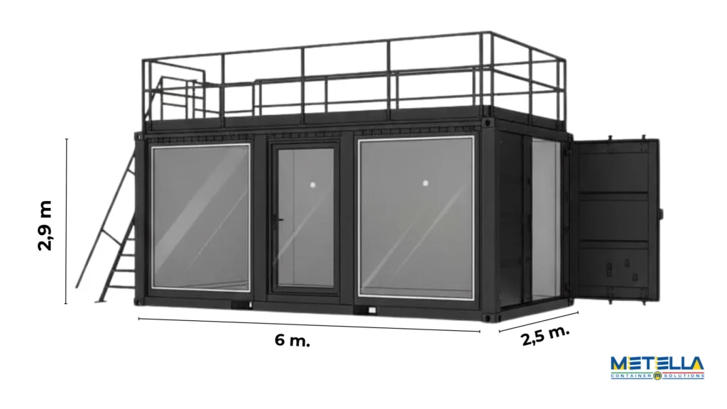 scheda tecnica stand vetrato con porta centrale con terrazza e scale