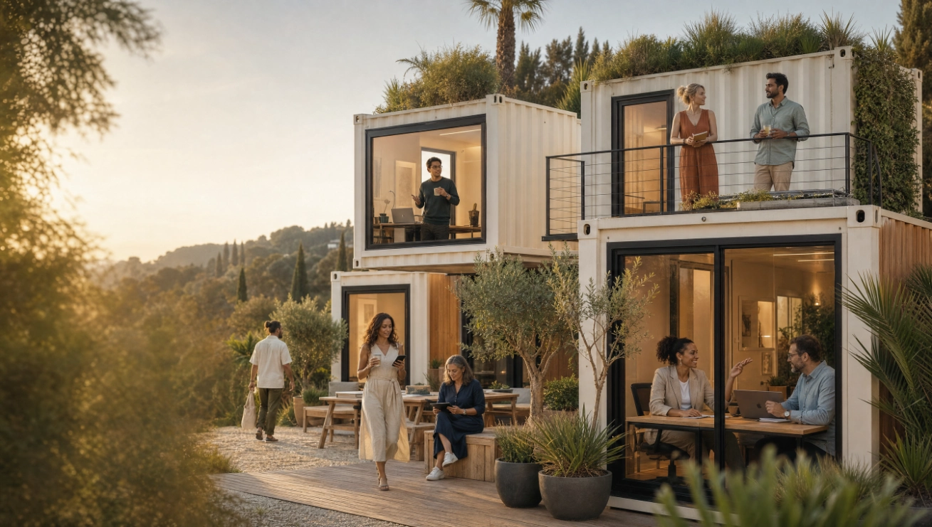 Casa modulare in container con design contemporaneo, grandi vetrate e spazi esterni attrezzati