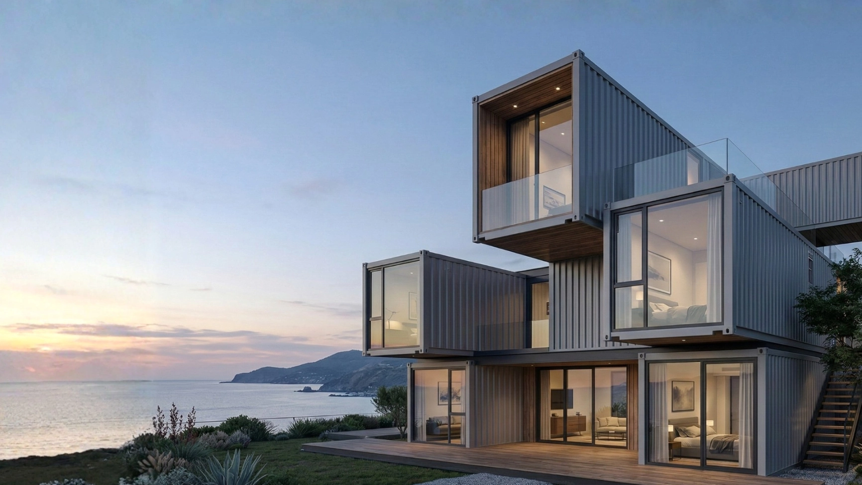 Casa modulare in container con design contemporaneo, grandi vetrate e spazi esterni attrezzati