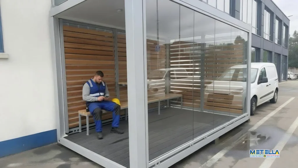 smoking area con vetrata ed effetto legno