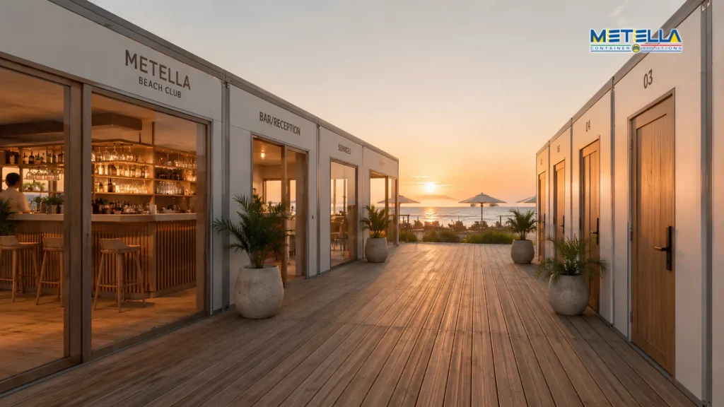 esterno stabilimento fronte mare con chiosco bar reception e cabine