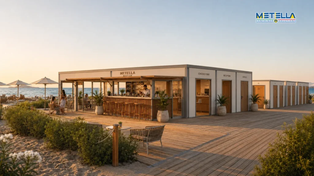 stabilimento balneare con cabine e bar fronte mare e spiaggia