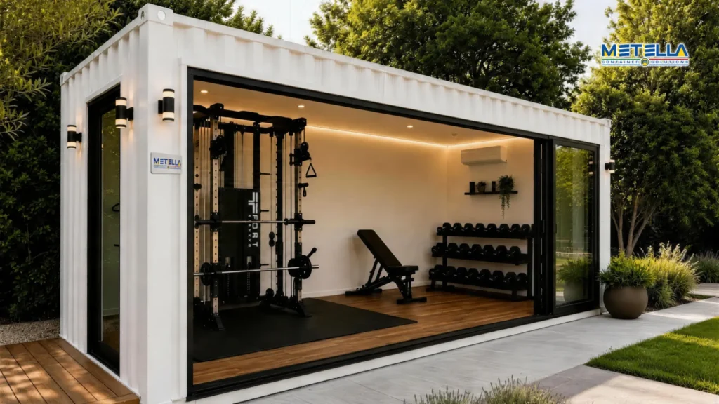 Palestra bianca con vetrata frontale e condizionatore all'interno