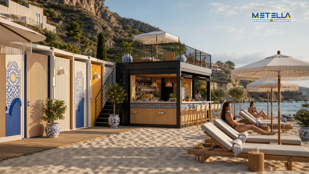 stabilimento balneare modulare stile siciliano con bar e cabine